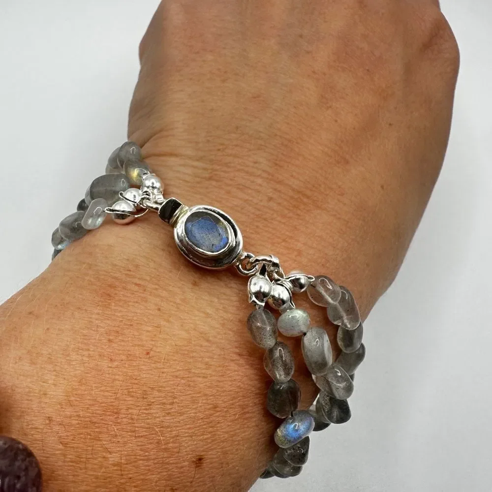 NWOT Labradorite and sterling silver, triple‎ stranded bracelet!
